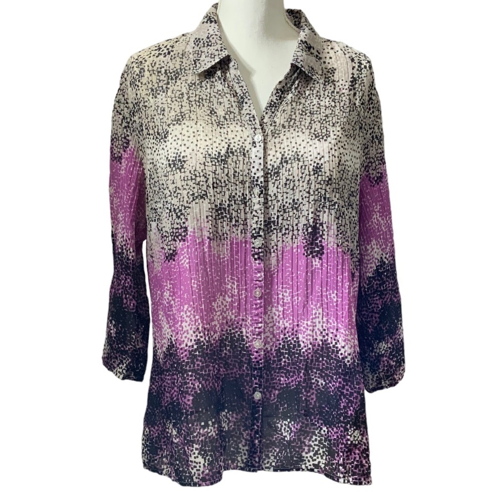 Fashion Bug Blouse V Neck Button Up Collar Accordion Fabric Cheetah Purple  XL